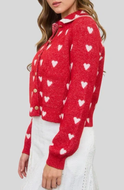 Blu Pepper Heart Peter Pan Collar Cardigan In Red