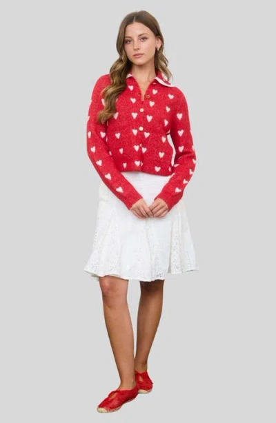 Blu Pepper Heart Peter Pan Collar Cardigan In Red