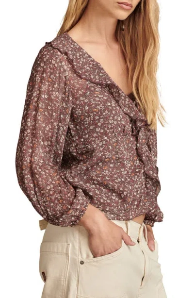 Lucky Brand Floral Ruffle Collar Top In Brown