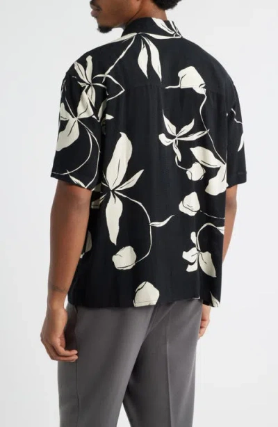 Open Edit Slub Rayon Short Sleeve Button-up Resort Shirt In Black