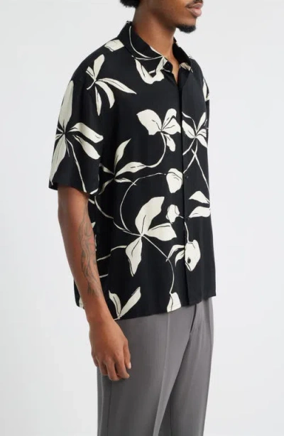 Open Edit Slub Rayon Short Sleeve Button-up Resort Shirt In Black