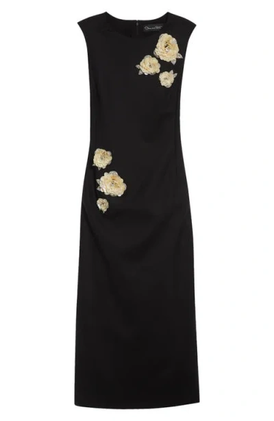 Oscar De La Renta Brooch Embroidered Sleeveless Cocktail Dress In Black