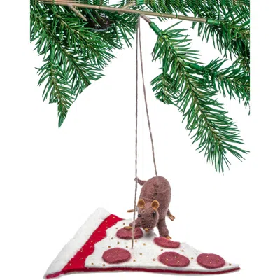 Silk Road Bazaar Handmade Baby Rat & Pizza Felt Ornament In Multi