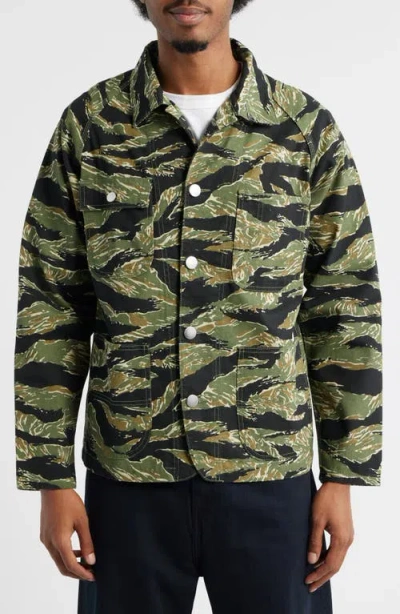 Service Works Coverall 2.0 Tiger Stripe Organic Cotton Twill Chore Coat In Green