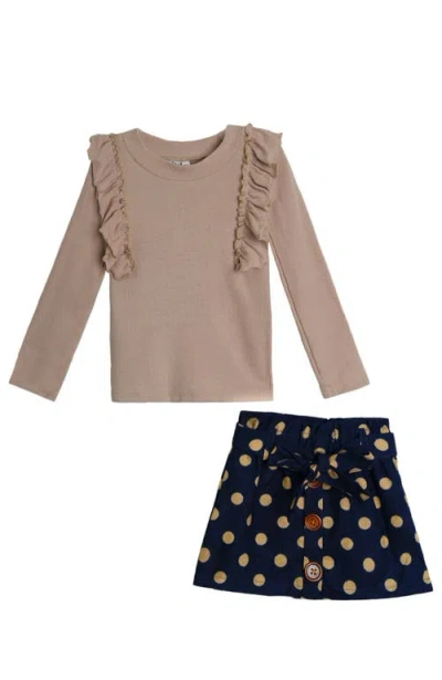 Mia Belle Girls Autumn  Ruffled Top And  Skirt Set In Neutral
