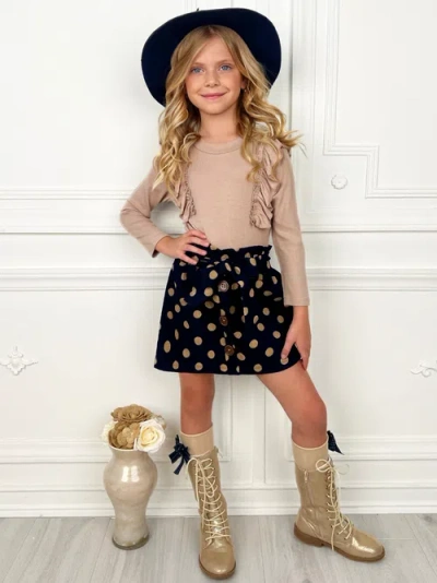 Mia Belle Girls Autumn  Ruffled Top And  Skirt Set In Neutral