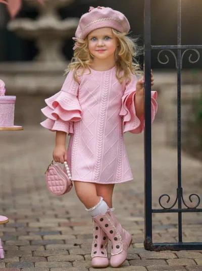 Mia Belle Girls Best Pick  Ruffle Sleeve Sweater Dress In Pink