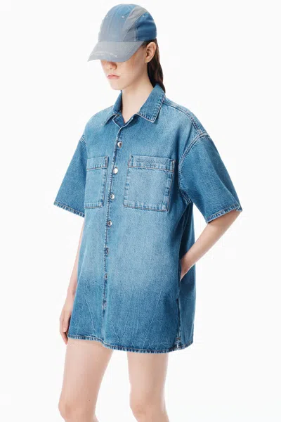 Alexander Wang Boxy Denim Shirtdress In Blue