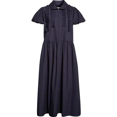 Sandy Liang Ensemble Ruffle Cotton Poplin Midi Dress In Blue