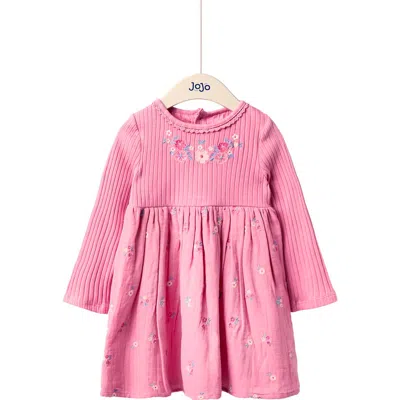 Jojo Maman Bébé Jojo Maman Bebe Kids' Floral Embroidered Long Sleeve Cotton Dress In Pink