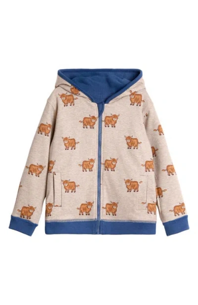 Jojo Maman Bébé Jojo Maman Bebe Kids' Highland Cow Reversible Cotton Zip-up Hoodie In Blue