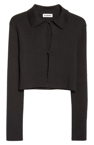 Jil Sander Virgin Wool Rib Polo Cardigan In Black
