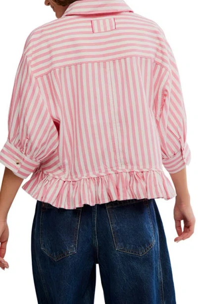 Free People Bailey Stripe Ruffle Hem Cotton Button-up Shirt In Pink