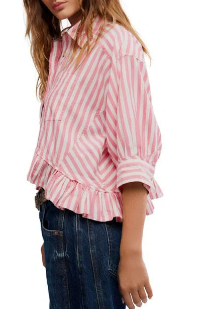 Free People Bailey Stripe Ruffle Hem Cotton Button-up Shirt In Pink