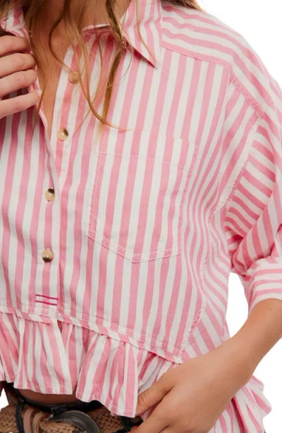 Free People Bailey Stripe Ruffle Hem Cotton Button-up Shirt In Pink