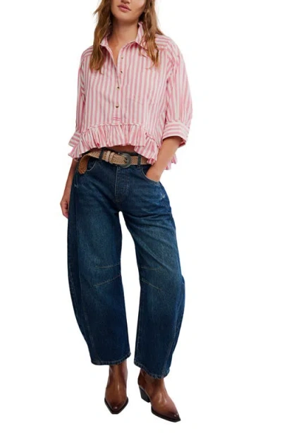 Free People Bailey Stripe Ruffle Hem Cotton Button-up Shirt In Pink