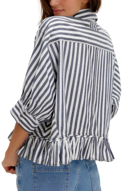 Free People Bailey Stripe Ruffle Hem Cotton Button-up Shirt In Blue