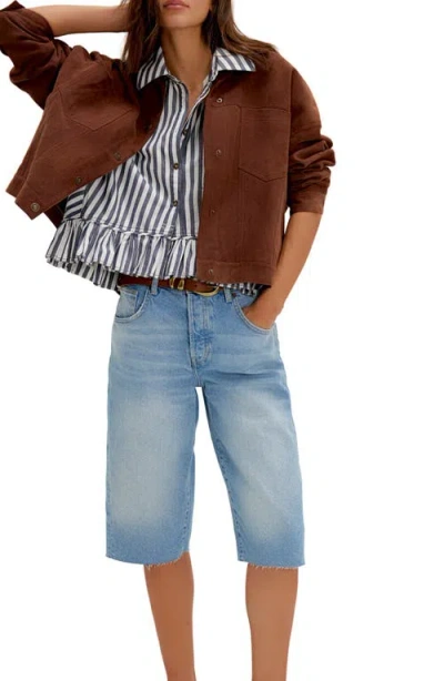 Free People Bailey Stripe Ruffle Hem Cotton Button-up Shirt In Blue