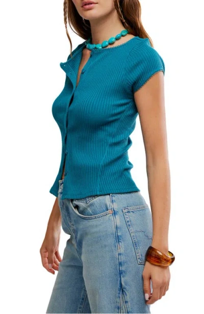 Free People Most Wanted Short Sleeve Cotton Blend Cardigan In Blue