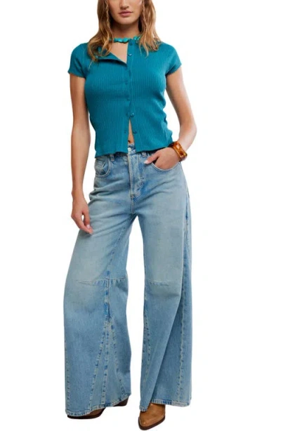 Free People Most Wanted Short Sleeve Cotton Blend Cardigan In Blue