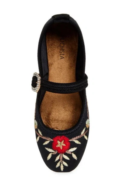 Fuchsia Paradise Floral Embroidered Mary Jane In Black