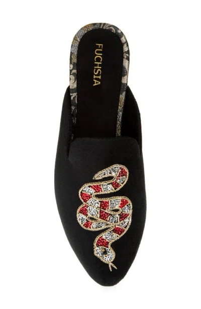 Fuchsia Embroidered Serpent Pointed Toe Mule In Black