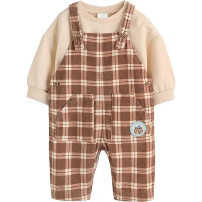 Next Check Cotton Sweatshirt Bodysuit & Overalls Set In Brown