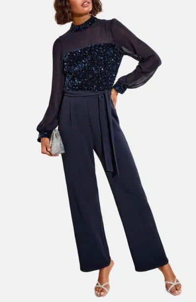 Friends Like These Sequin Mixed Media Long Sleeve Jumpsuit In Blue