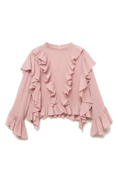 Mango Teen Ruffle Long Sleeve Cotton Crop Top In Pink
