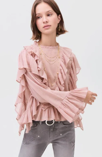 Mango Teen Ruffle Long Sleeve Cotton Crop Top In Pink