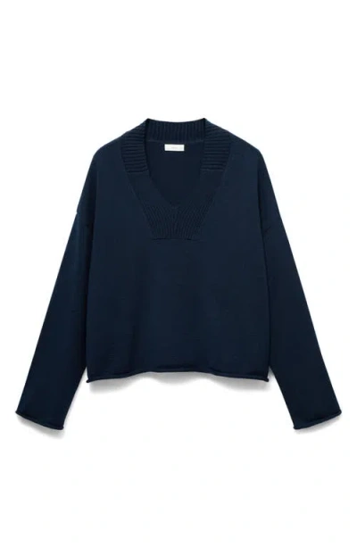 Mango Teen Relaxed Fit V-neck Cotton Sweater In Blue