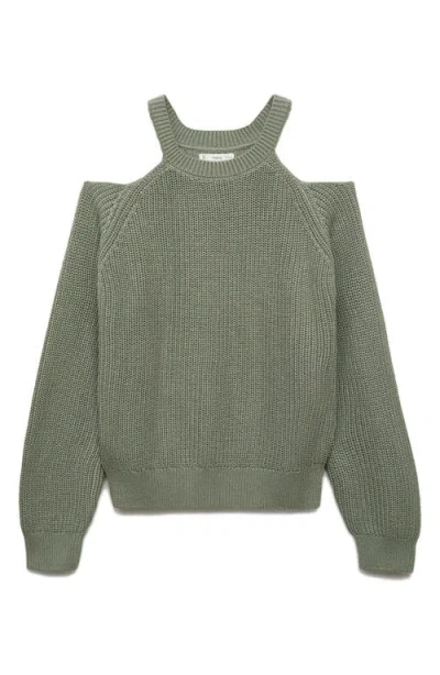 Mango Teen Cold Shoulder Cotton Crewneck Sweater In Green
