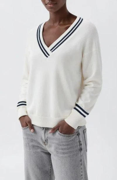 Mango Teen Stripe V-neck Cotton Blend Sweater In White