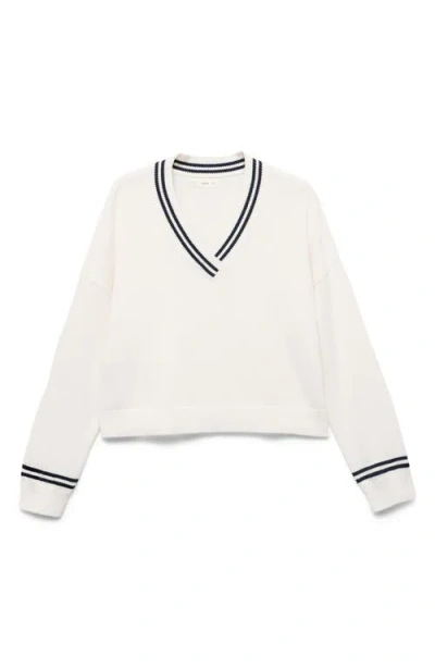 Mango Teen Stripe V-neck Cotton Blend Sweater In White