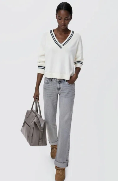 Mango Teen Stripe V-neck Cotton Blend Sweater In White