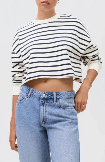 Mango Teen Stripe Crop Cotton Sweatshirt In White