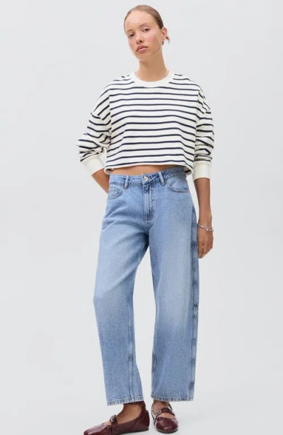Mango Teen Stripe Crop Cotton Sweatshirt In White