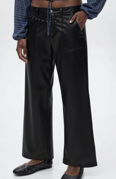 Mango Teen Studded Faux Leather Wide Leg Pants In Black