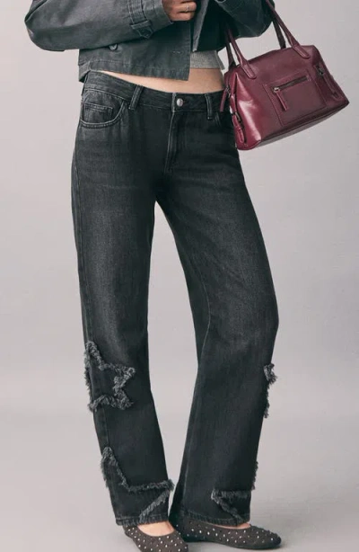 Mango Teen Star Embroidered Straight Leg Jeans In Black