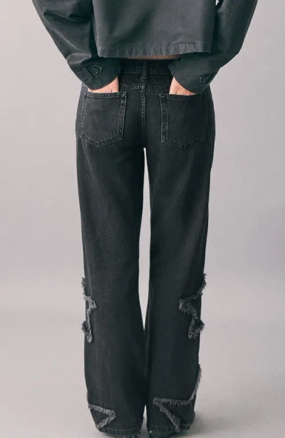 Mango Teen Star Embroidered Straight Leg Jeans In Black