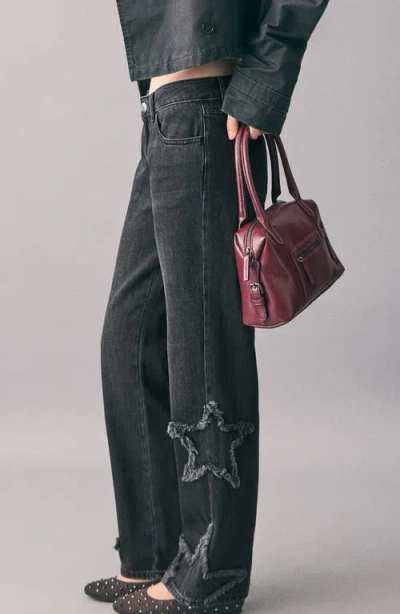 Mango Teen Star Embroidered Straight Leg Jeans In Black