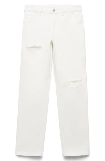 Mango Teen Ripped Low Rise Straight Leg Jeans In White