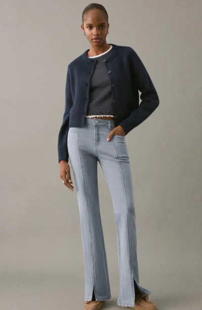 Mango Teen Slit Hem Mid Rise Flare Jeans In Blue