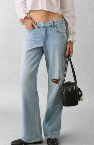 Mango Teen Ripped Low Rise Straight Leg Jeans In Blue