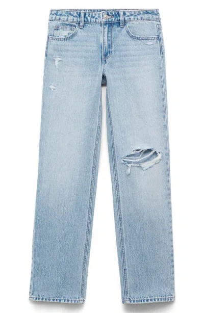 Mango Teen Ripped Low Rise Straight Leg Jeans In Blue