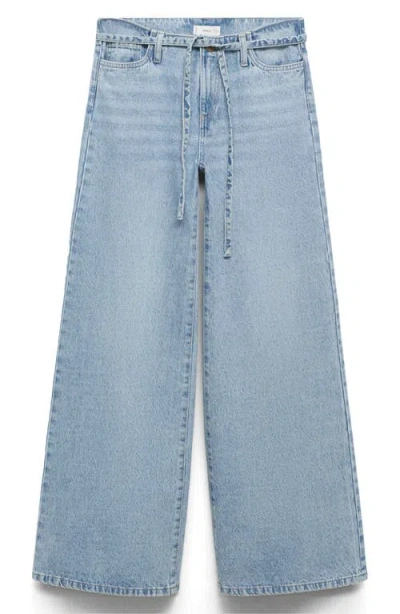 Mango Teen Low Rise Waist Tie Wide Leg Jeans In Blue