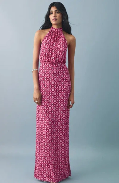 Mango Teen Print Halter Neck Maxi Dress In Pink