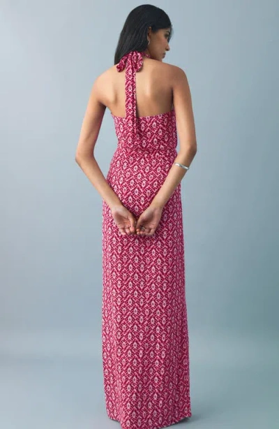 Mango Teen Print Halter Neck Maxi Dress In Pink