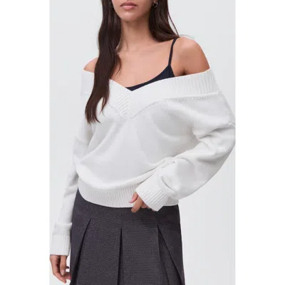 Mango Teen Wide V-neck Cotton Sweater In White