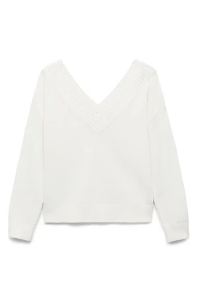 Mango Teen Wide V-neck Cotton Sweater In White
